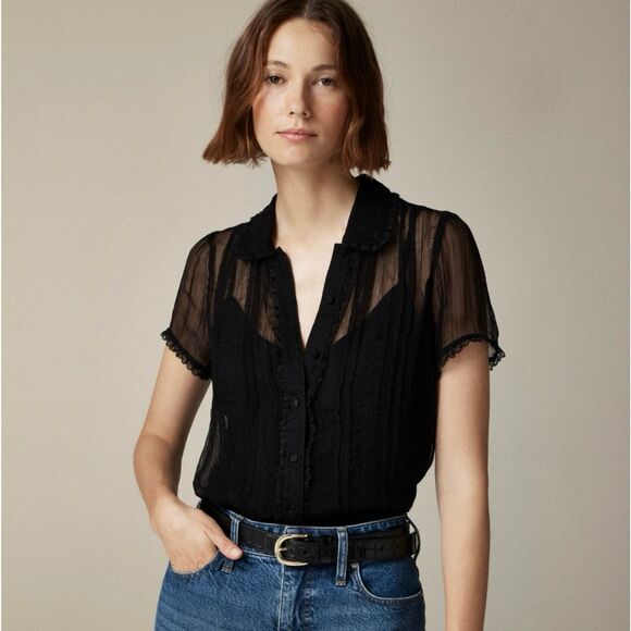 J.Crew Tops - J.Crew Sheer lace-trim button-up shirt blouse in Black Size 10 NWT